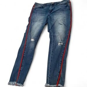 Seven7 size 12 Women's Distressed Blue Jeans with Red Side Stripe